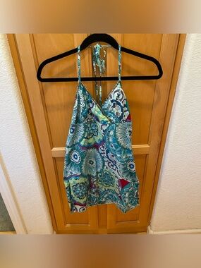 At Last Blue Paisley Halter Top Sequin Boho Y2K Size Small